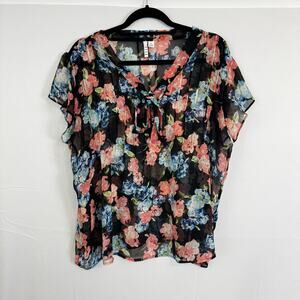 Elle Women's XL Floral Sheer Blouse Tie Front Lightweight Spring Top